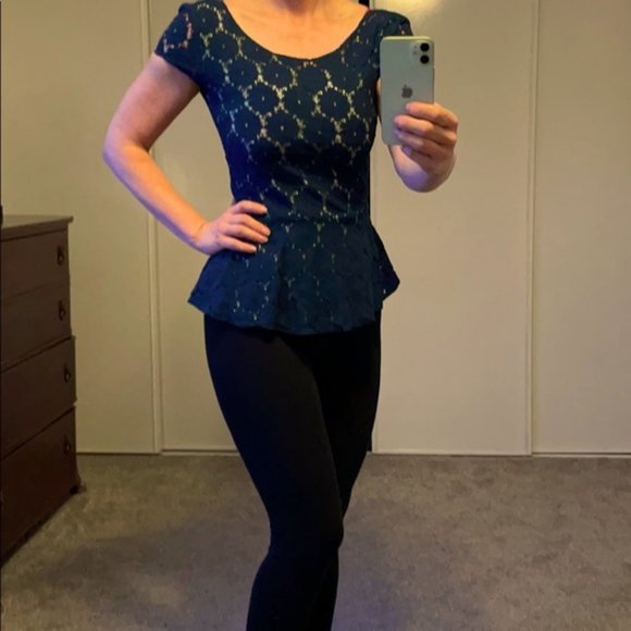 Navy + Seafoam Lace Top w/ Peplum - Picture 1 of 4
